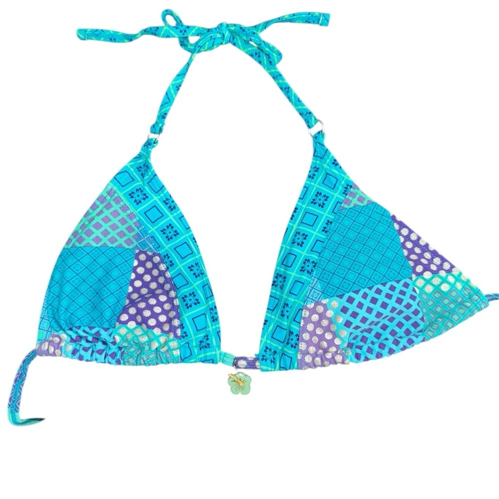 Colorful Purple Blue Patchwork Bikini Top With Hawaiian Flower Charm M 🌺